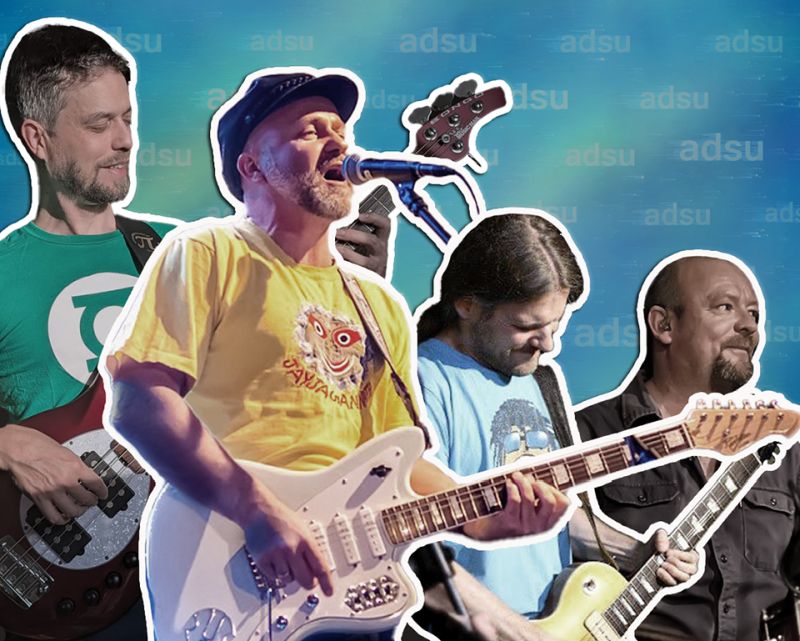 Muzycy ADSU z gitarami, basem i perkusją — kolaż zespołu